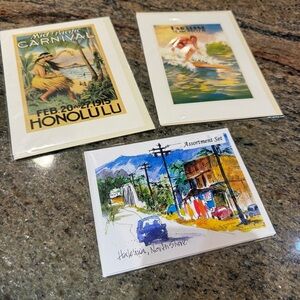(3) Vintage Hawaiian Notecards Collectible Art Prints Haleiwa, Honolulu Surfer